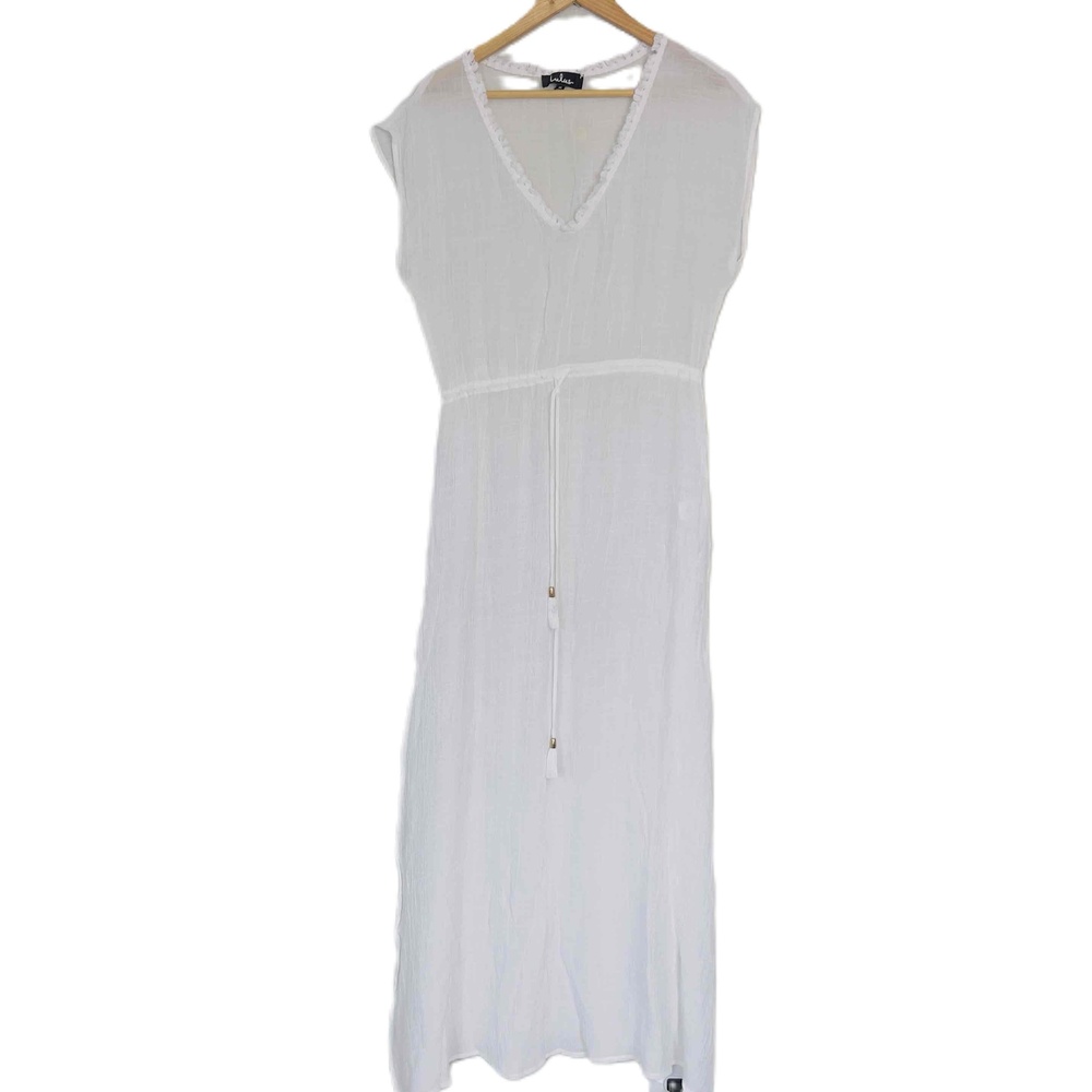 Lulu's Medium Gauzy Swim Cover-Up White‎ V-Neck Fringe Trim Drawstring